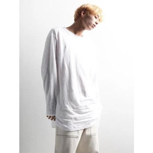 Men spring and autumn new classic European and American high street hip hop popular solid color large size long sleeve T-shirt