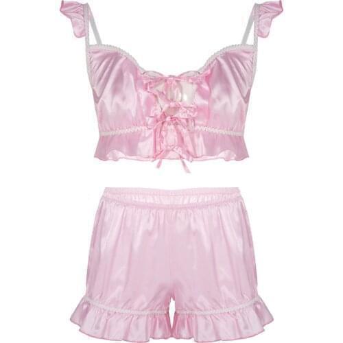 Men Casual Satin Lingerie Set Pajama Set Sissy Underwear Sleepwear Lace-up Ruffled Sleeveless Cute Camisole Bra Top and Shorts