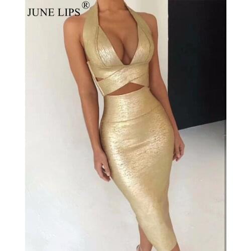 2021 New Sexy Fashion High Quality Halter Neck Gold Foil Two Piece Bandage Dresses Wholesale Dropshipping