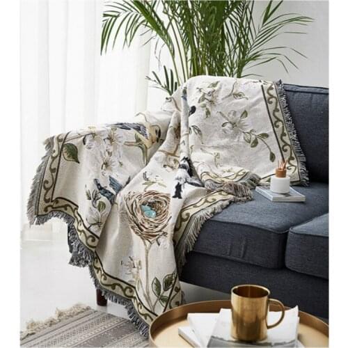 Portable Sofa Towel with Tassel Bird Flower Embroidered Knitting Throw Blanket Anti-dust Decor Furniture Couch Cover Tapestry