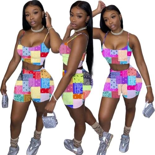 S-XL two piece set women clothing Spliced color sexy casual sling short sleeve and shorts sport outfirt Wholesale Dropshipping