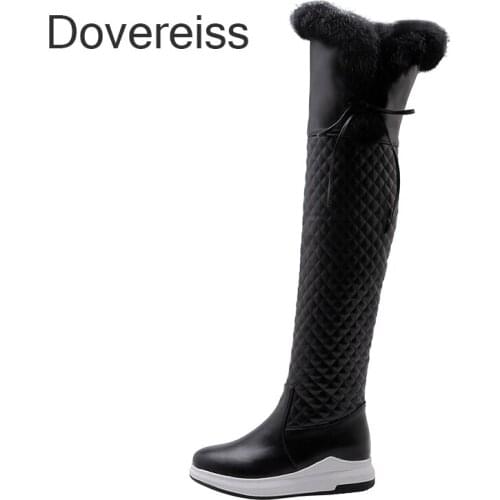 Dovereiss Fashion Womens Shoes Winter Goth Platform Zipper Genuine Leather Pointed Toe Wedges Knee High Boots New 40 41 42 43