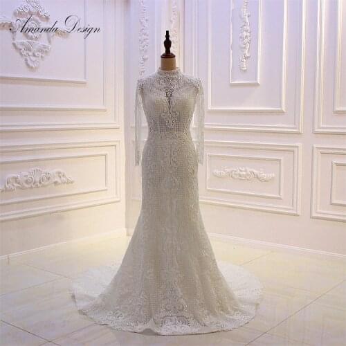 Amanda Design 2019 New Arrival High Neck Long Sleeve Lace Beading Mermaid Wedding Dress