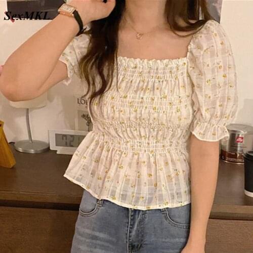 Women Summer Puff Sleeve Tops 2021 Fahsion Casual Floral Print y2k Corset Top Blouse Off Shoulder Ruffle Vintage Chiffon Blouses