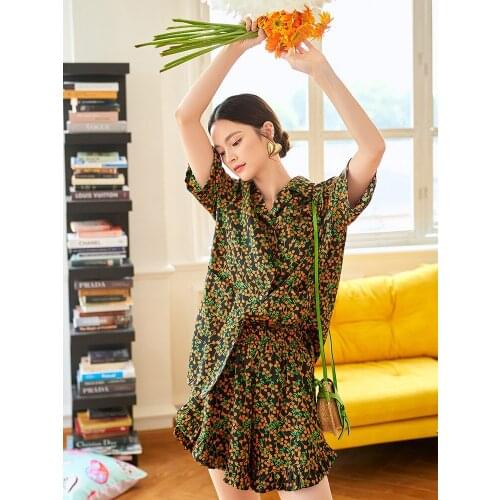 2PCS Print Lady Pajamas Sets Ruffles Shorts Pyjamas Suit Loose Short Sleeve Shirt Sleepwear Nightwear Summer Underwear Home Wear