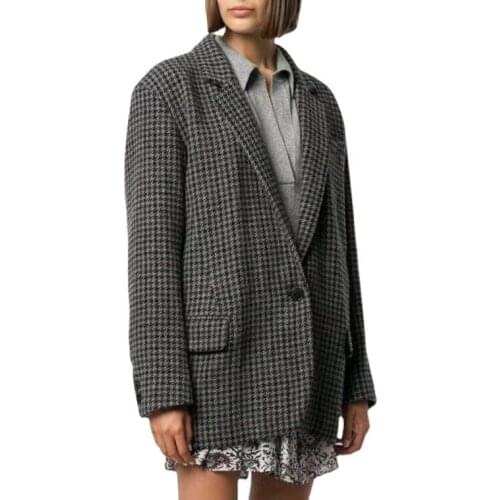 Women Plaid Woolen Office Blazer Coat Ladies Long Sleeve Single Button Notched Suit Jacket Outwear Tops 2021 New