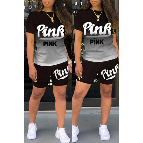 Summer Short Tracksuits Women Pink Letter Print Gradient Two Pieces Mathing Sets Short Sleeve Top + Shorts 2pcs Shorts Sets Suit