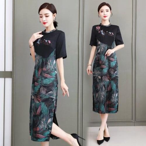 2021 Summer Women Casual Long Silk Dress Improved Floral Embroidery Vintage Split Plus Size 4xl Vestidos Elegantes Dresses