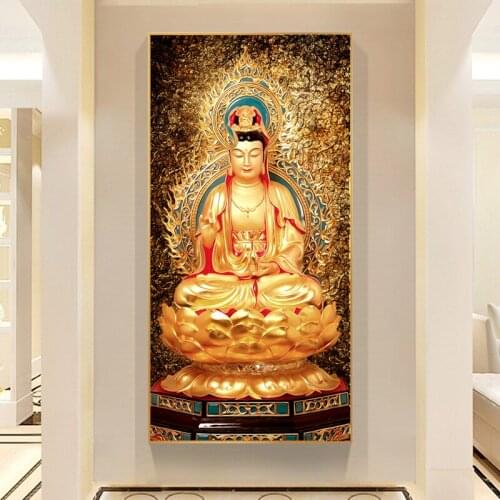 Golden Buddha Metal Statue Canvas Painting Religious Poster and Prints Wall Art Pictures for Living Room Home Decor Cuadros