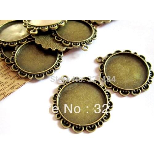 100pcs Zinc Alloy Metal Antique Bronze 25mm Round Flower Cabochon Setting Pendant Tray, Bezel Pendant Blank,Pendant Base