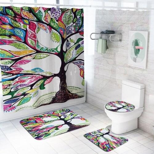 3D Flowers Trees Shower Curtain Sets Toilet Lid Cover And Bath Mat Non-Slip Rugs Waterproof Wholesaler Colorful Bathroom Curtain