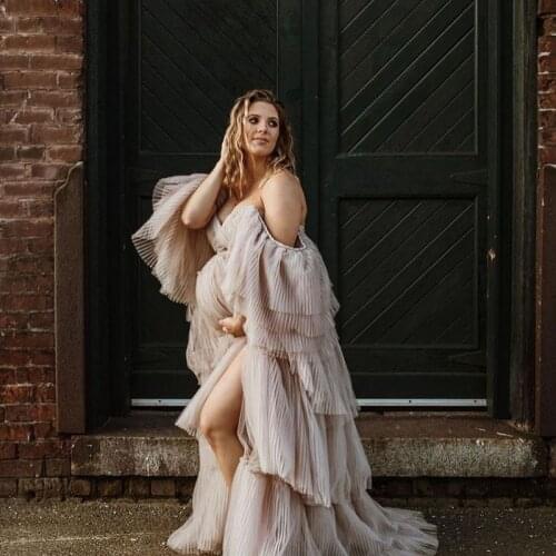 Plus Size Sexy Tulle Maternity Dress Long Front Split Bride Robes for Photo Shoot Puffy Ruffled Tulle Dresses Photography Gowns
