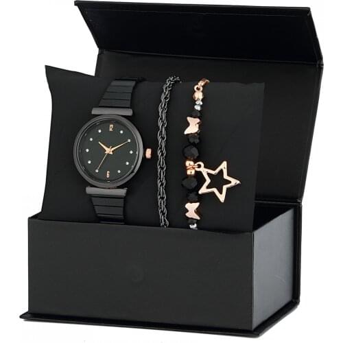 Forentina Siyah Metal Kol Saati 2 Bileklik Kombin Set PS1533