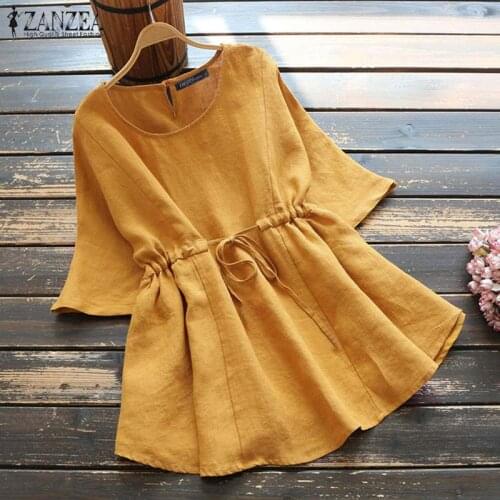 ZANZEA 2021 Kaftan Solid Tops Womens Cotton Blouses Causal Summer Short Sleeve Blusas Female Drawstring Chemise