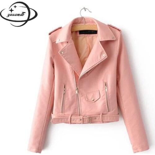 Womens Faux Leather Jacket Spring Autumn Female Coat Clothing Turn-down Collar Zipper Belt Streetwear Woman Outerwear Clothes 83