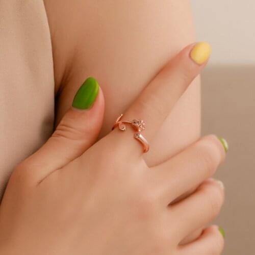 Rose Flower Leaf Simple Rhinestone Silver Plated Rose Gold Copper Open Rings for Women