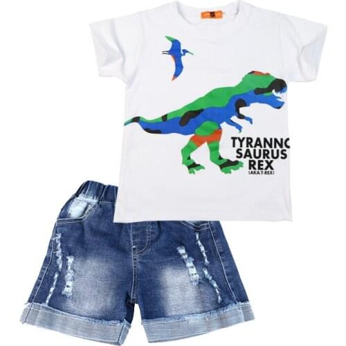 Disney Boys Outfits dinosaur Cartoon Summer Cotton Kids T-shirt&Denim Shorts Clothing Set Children Suit Clothes Fashion 3 8 Y