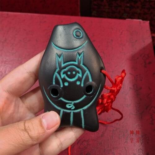 Chinese Style Small Pendant Mini Musical Instrument 6-Hole Fish-Shaped Ocarina Black Porcelain Small Gift Chinese Knot Pendant