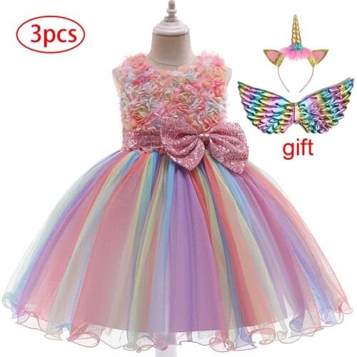 2021 Baby Girl Unicorn Tutu Dress Rainbow Flower Girl Wedding Princess Dress Baby Girls Birthday Party Perform Costume Vestidos