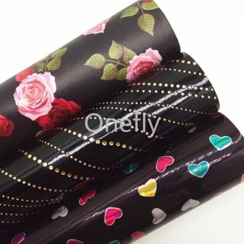 Onefly 21X29CM Hearts Printed Synthetic Leather, Flowers Printed Faux Leather Sheets For Bow DIY handbags shoes DQ020