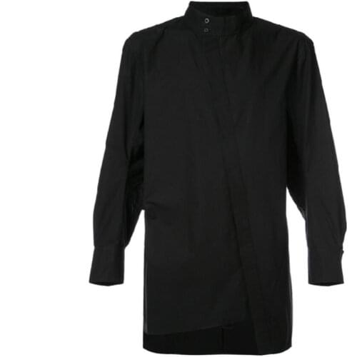 S-6xl Mens Shirt Medium And Long Section Long Sleeve Irregular Design Black Single-breasted Casual Shirts Hairstylist Clothes