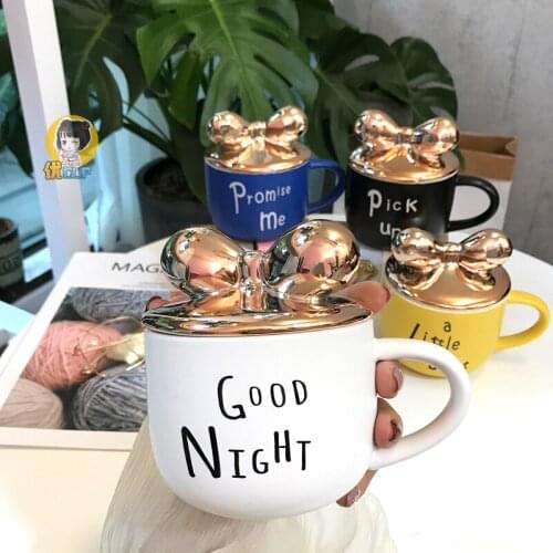 Ins Nordic couple cup gold-plated bow cover large milk breakfast girl heart student cup with a spoon