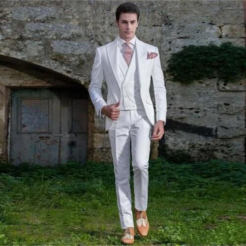 2020 White Mens Wedding Suits Custom Made Prom Party Groom Tuxedos 3 Piece Set Slim Fit Business Male Suit (Blazer+Vest+Pants)