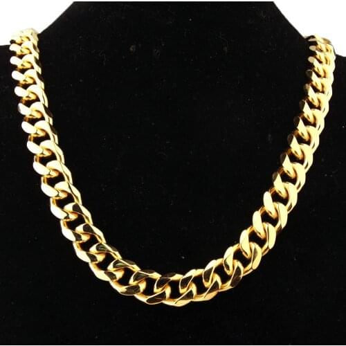 Tiasri High Quality 15mm Stainless Steel Gold Color Cuban Curb Chain Waterproof Men woman Curb Link Necklace Choker Wholesale