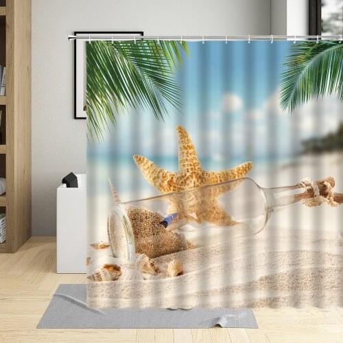Summer Day Beach Scenery Shower Curtain Green Plants Palm Tree Starfish Wooden Bridge Ocean landscape Bathroom Curtains Sets