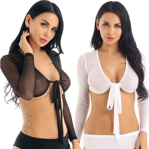Brand Mesh Crop Tops Women Hollow Out Fishnet Long Sleeve Deep V Plunge Open Front Tie Up Mesh See Through Sheer Tee Crop Tops
