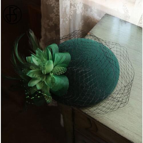 FS Vintage Pure Wool Fedora Cap Fascinator Women Wedding Hats Veils Flower Red Hat Headwear Elegant Ladies Autumn Pillbox Hat