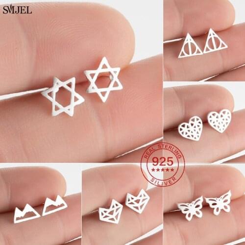 Real 925 Sterling Silver Geometric David Star Stud Earrings for Women Girls Origami Heart Fox Snow Mountain Earrings S925 bijoux