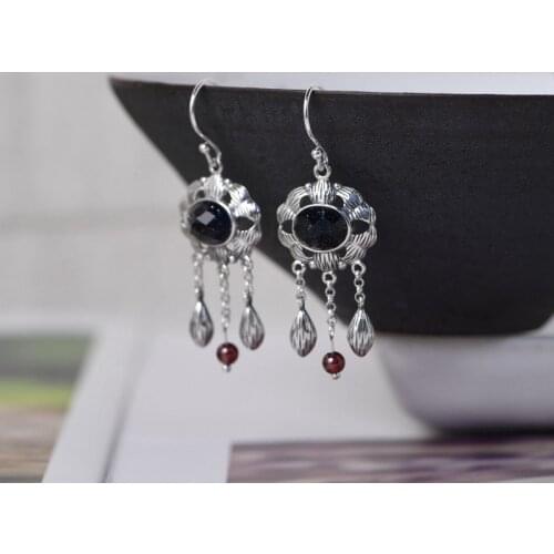 FNJ Tassel Earrings 925 Silver 100% Pure Original S925 Silver Sterling Drop Earring for Women Jewelry Black Shajing Stone
