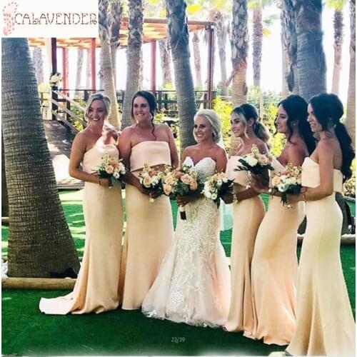 Long Jersey Beige Bridesmaid Dresses Mermaid Strapless robe mariage femme with Brush Train Guest of Wedding Dresses