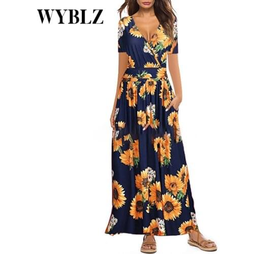 WYBLZ Sexy Summer Womens Long Dress Flower Printed Short Sleeve Maxi Dress Casual V Neck Long Dresses For Women With Pockets