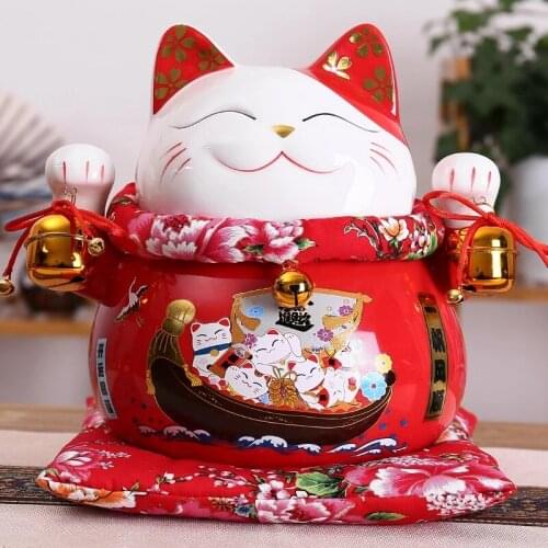 10 inch Ceramic Maneki Neko Ornament Lucky Cat Money Box Fortune Cat Figurine Porcelain Coin Bank FENG SHUI Decoration
