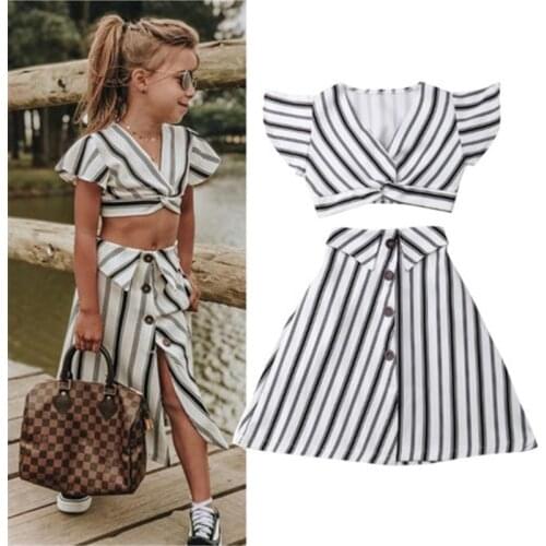 2019 Summer Girl Clothes Set Kids Toddler Ruffle Off-Shoulder T-Shirt Top+Bow Skirt Tutu Dress Stripe Girls Beach Casual Outfits
