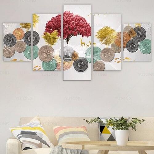 Framed 5 Pieces Red Gold Tree Painting on Canvas Print Luxury Decorative Posters Pictures for Living Room Home Decor Wall Art