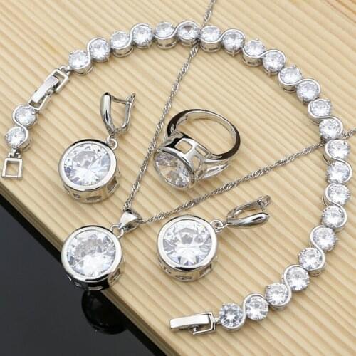 925 Silver Fashion Wedding Bride Jewelry Sets White Cubic Zirconia Hoop Earrings Stone Bracelet Gifts Necklace Set Dropshipping