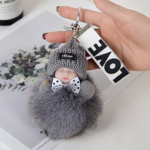 1 Pcs Cute Sleeping Baby Bowtie Fluffy Pompom Fur Plush Doll Keychain Keyring Key Ring Women Girls Bag Pendant Jewelry