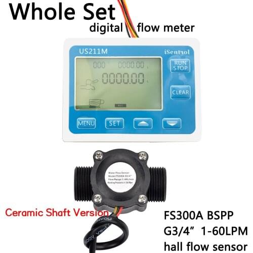 US211M Digital Flow Meter Display Totalizer Flow Measurement with Nylon Water Flow Sensor FS300A G3/4" Turbine Flowmeter iSentro