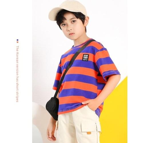 Kids T Shirts Youth Short Sleeve Striped T-Shirts Crewneck Cotton T Shirts for Boys Blue Orange Striped T-shirtsSize 3-14 Years