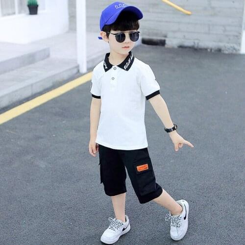 Kids boys sports suit 2pcs short-sleeved cotton shirt POLO five pants summer new big virgin suit 6-12 years old