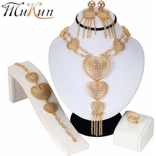 MUKUN 2019 Nigeria Jewelry Sets Hearth Chain Round Crystal Necklace Earrings Ring Bracelet Dubai Gold Jewelry Sets Glamour Woman