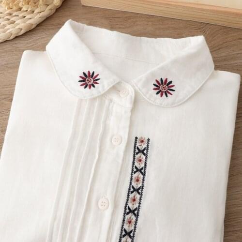 Lamtrip Unique Peter Pan Collar Sun Exothic Colorful Embroidery Long Sleeve Sweet Pleated White Shirt Blouse Mori Girl