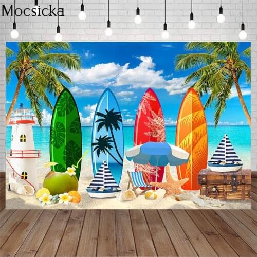 Summer Surfing Photography Background Sea Sandy Beach Palm Tree Decor Props SurfBoard Backdrop Party Child Portrait Photo Studio