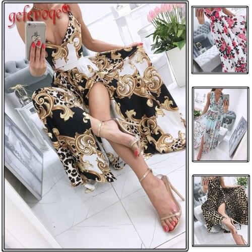Summer Women Long Dresses V-Neck Sleeveless Split Elegant Floral Print Boho Beach Vestidos De Verano Robe Femme Party Maxi Dress