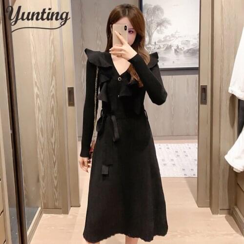 Fashion V-neck Ruffles Long-sleeved Female Knitted Dress 2021 Autumn Slim Waist Women A-line Dress Casual Knit Vestidos