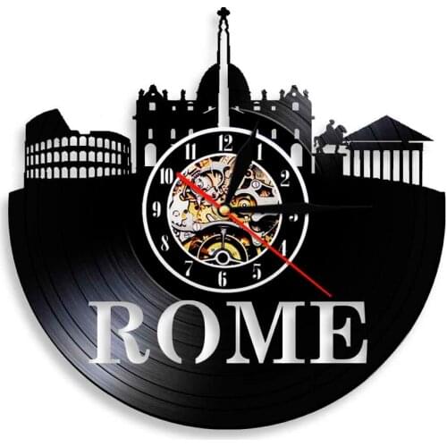 Rome Skyline Italy Landmark Ancient Colosseum Vinyl Record Wall Clock Italian Cityscape Home Decor Retro Album Silent Wall Watch