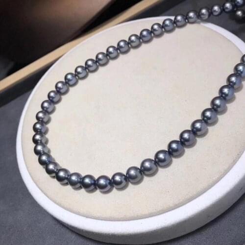 D524 Fine Jewelry Round 6-7mm Natural Ocean Sea Water Black Pearls Necklaces for Women Fine Pearls Necklaces